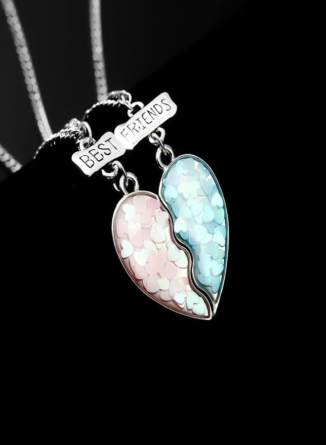 Kefley Bff Friendship Necklace for 2 Girls Matching Necklaces for Best Friends Birthday Gifts for Best Friend Puzzle Heart Necklace for 2 Teen Girls Christmas Necklaces for Bestie Blue Pink Sequin Best Friend Forever Necklace Set - Image 2